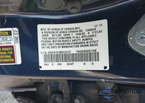 2011 Honda Civic Lx z USA, uszkodzony, nr VIN 2HGFA1F54BH535137